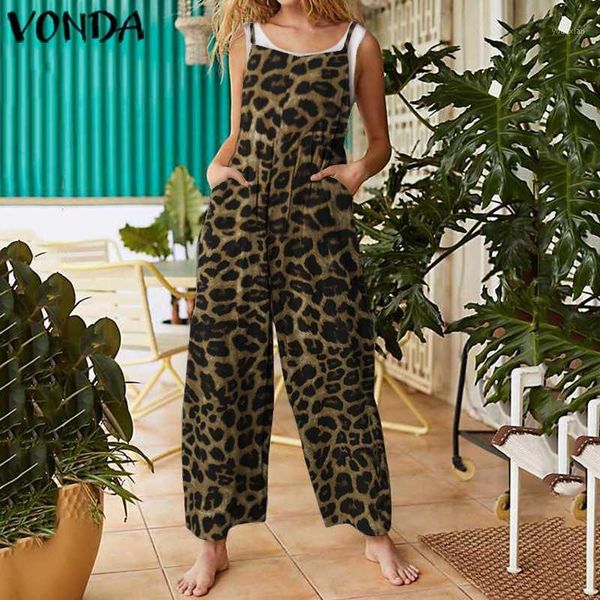 

women summer rompers 2020 ladies sleeveless vintage leopard printed overalls vonda jumpsuits casual loose button playsuits1, Black;white