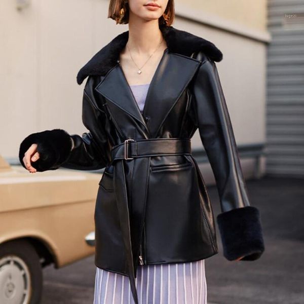 

2021 new vintage winter warm genuine leather jacket women real sheepskin black thicken coat lady overcoat fur collar outerwear1