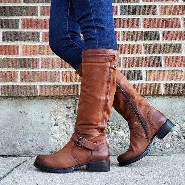 

boots women knee high low heels shoes woman vintage pu leather warm knight shoe chaussures femme zapatos mujer sapato d22761, Black