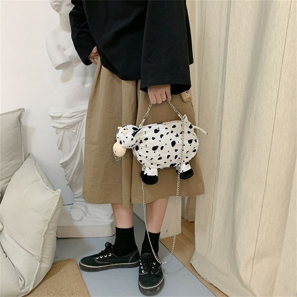 

creative cow shape women plush shoulder bags designer chains handbags cute soft lady crossbody bag chic cartoon small purse 2020