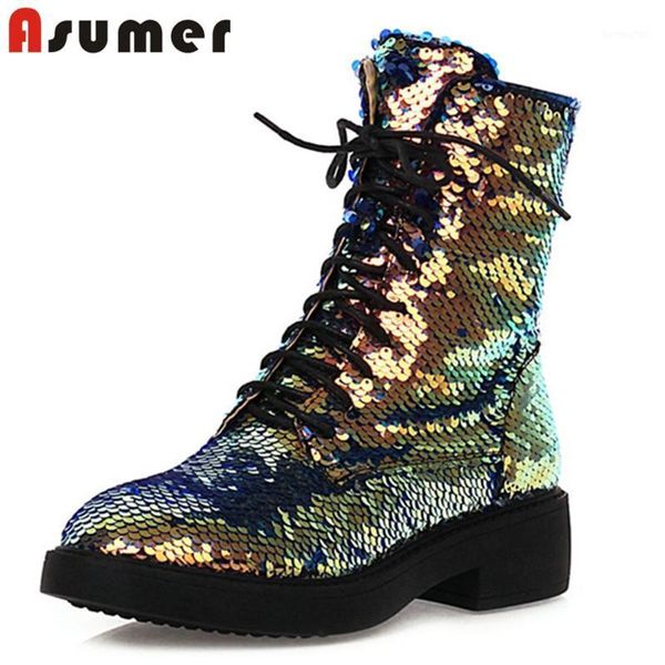 

boots asumer 2021 fashion sequins ankle women round toe lace up zip autumn winter comfortable low heel shoes woman1, Black