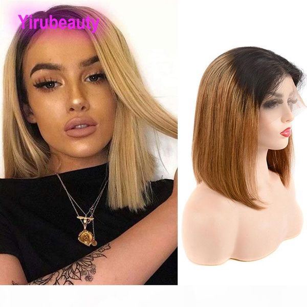 

brazilian virgin hair 1b 27 ombre human hair 13*4 lace front bob wig straight 1b 27 two tones color 10-18inch, Black;brown