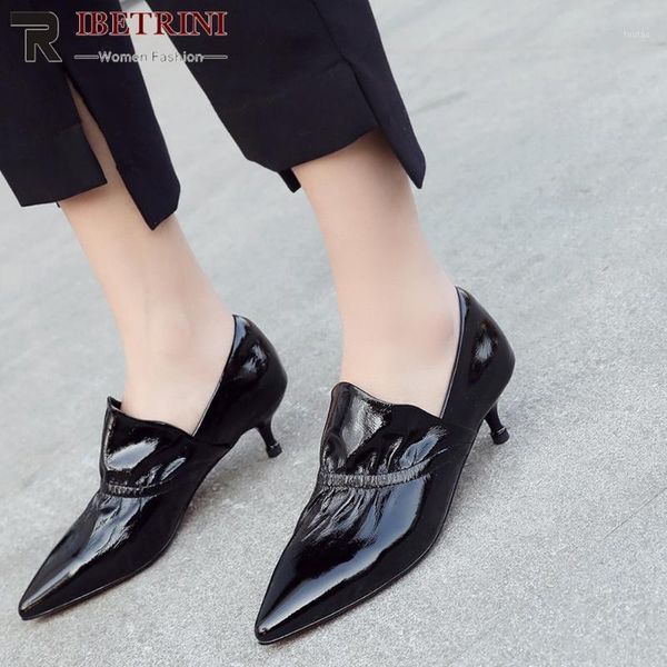 

ribetrini fashion office lady pumps pointed toe genuine leather slip on thin heel pumps women casual dress shoes woman1, Black