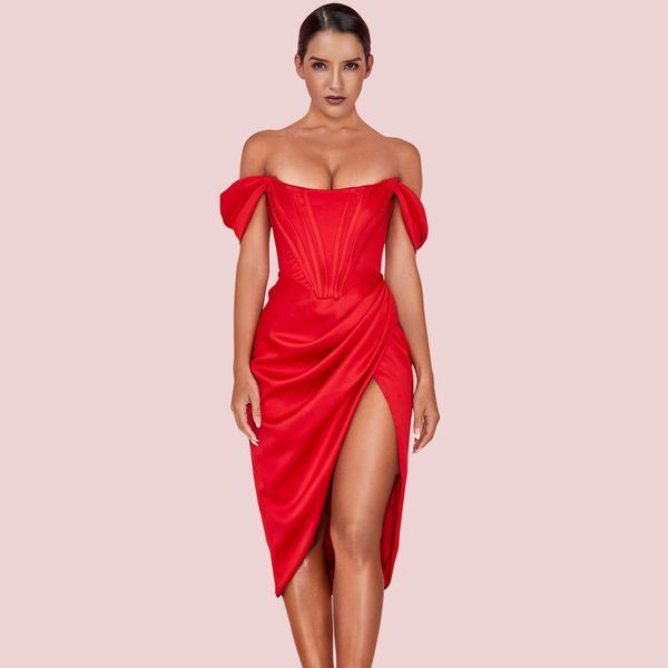 

2021 the new red straddle off shoulder short sleeve over wrinkled knee slit dressed hi1116-red 6vd1, Black;gray