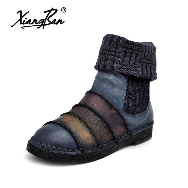 

knitted cowhide stitching women boots retro handmade original flat-heel spring autumn winter mid-calf, Black