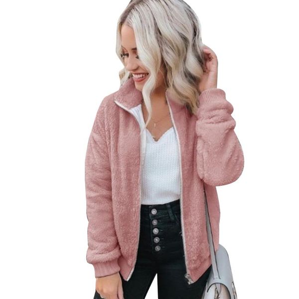 

winter turn down collar daily soft plush casual outwear warm zipper women coat solid color long sleeve comfortable elegant, Black;brown