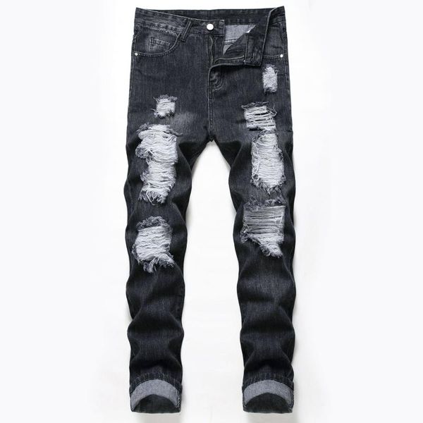 

black hole jeans men straight ripped bleached washed streetwear style denim casual trousers wild male, Blue