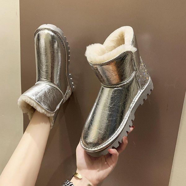 

lucyever мода кристалл pu кожа ботильоны для женщин non скольжения теплые короткие плюшевые снег сапоги женщина водонепроницаемая обувь плат, Black