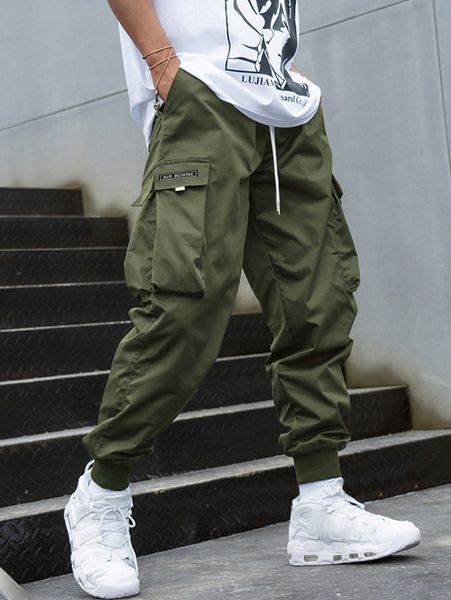

men letter graphic flap pocket drawstring waist cargo pants v8m2#, Black