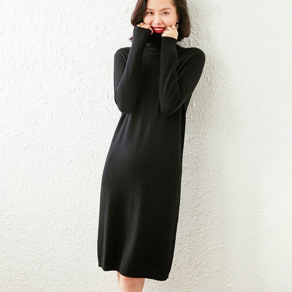 

2021 senior winter degree female turtleneck 100% cashmere goat crocheted ladies longer jumpers sell dress women 3kky, Black;gray