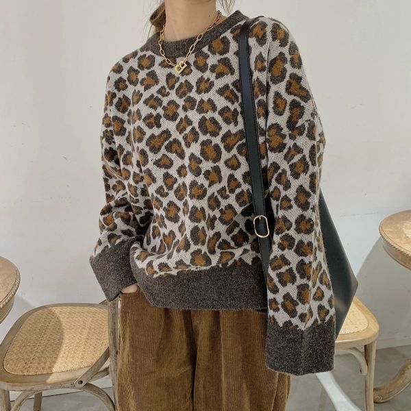 

2021 new spring o-neck leopard print loose style knitted fashion sweater casual women pullovers pull femme m7yv, White