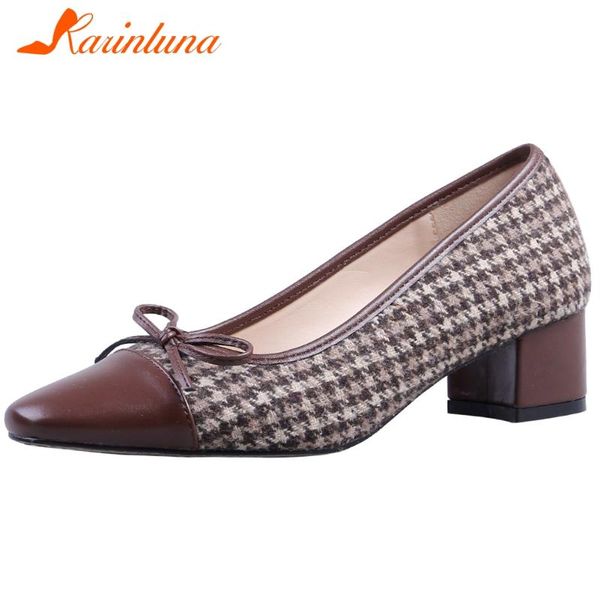

karin new ladies brand patchwork med heels pumps elegant shallow pumps women fashion genuine leather shoes woman, Black