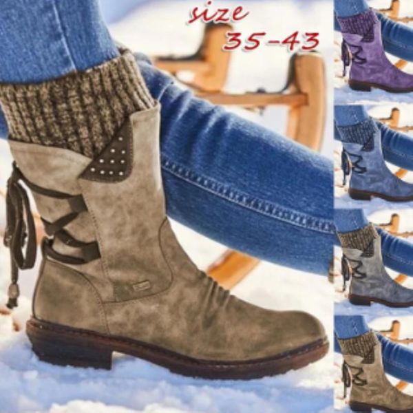 

boots large medium tube snow autumn winter 2021 thick low heel back strap women's, Black