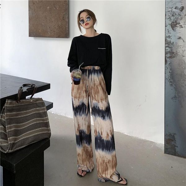 

2021 spring autumn streetwear pant loose tie dye straight women high waist pants long casual popular trousers1, Black;white