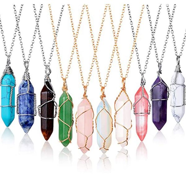 Colares pendentes coluna hexagonal quartzo para mulheres natural tigre olho de cristal de cristal declaração chockers bohemian jewelry presente