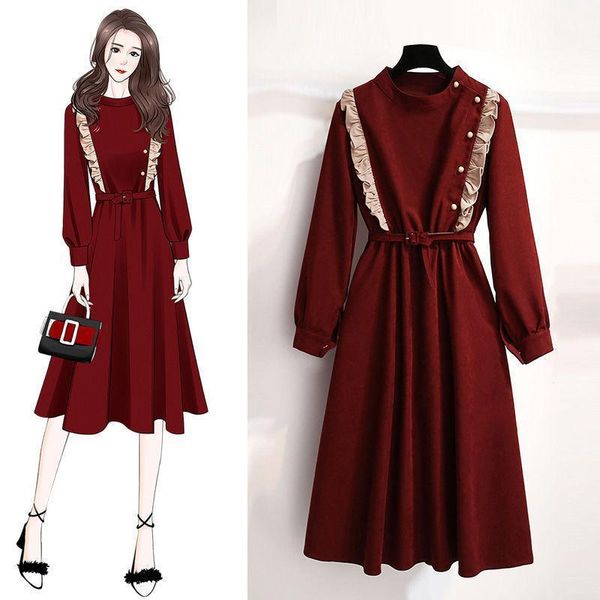 

2021 women autumn winter vintage corduroy dresses lady slim sashes ruffles pleated vistido female elegant long sleeve dress g1191, Black;gray