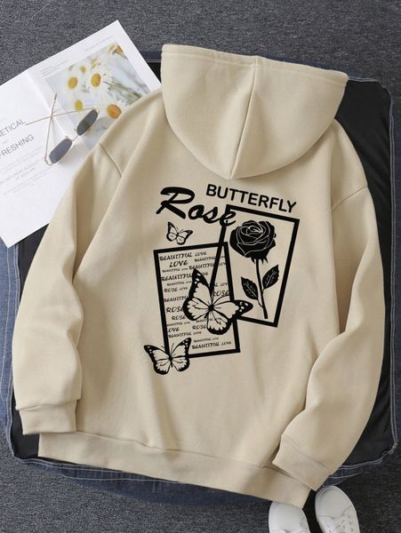 

floral and letter graphic drawstring thermal lined hoodie x8uh#, White;black