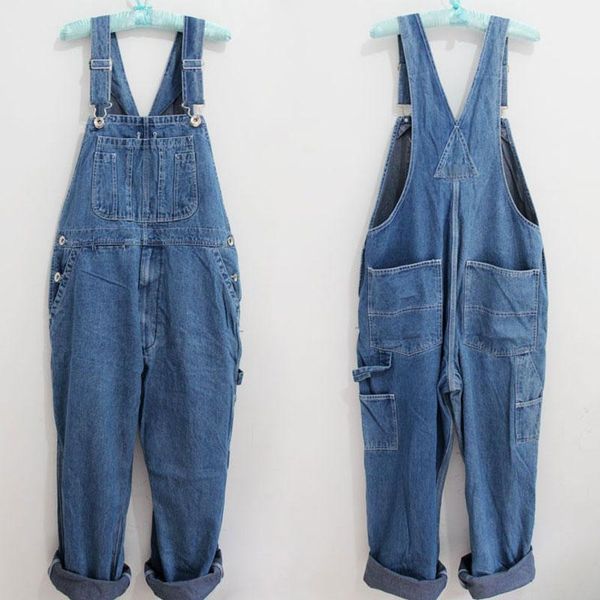 

men's jeans denim jumpsuits men pants overalls fashion streetwear loose bib one piece rompers trousers male clothes plus size, Blue
