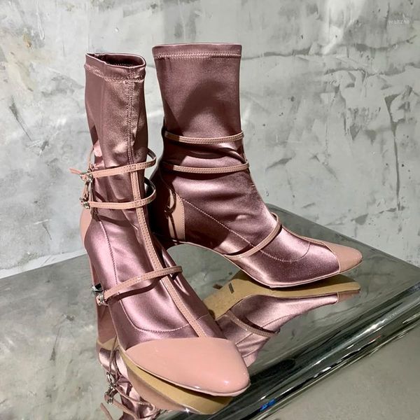 

deat 2020 new autumn winter fashion casual medium tube thick heel pointed elastic socks patent leather short boots women sg0581, Black