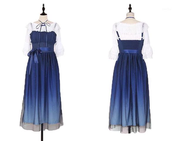 

sweet lolita midi sling dress gradient jsk star blue girls fancy lace ruched pleated dress blouse shirt 2 pcs for women1, Black;gray