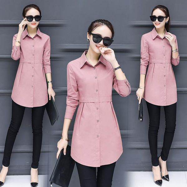 

acetate long shirt female long sleeved 2021 autumn new korean version of the loose bottom shirt women, White