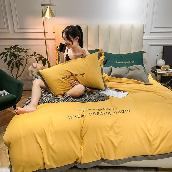 

washed cotton modern style 4pcs soft home bedding set embroidery cotton duvet cover pillowcase bed sheet 4 pieces yellow red