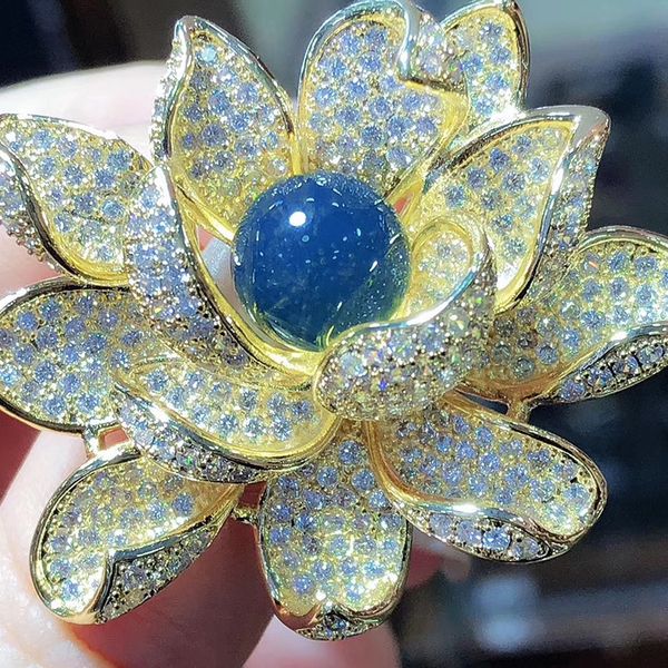 

natural blue amber lotus sterling brooch brooches gifts for women blue amber brooch pin geometric brooch indian jewelry 201009, Gray