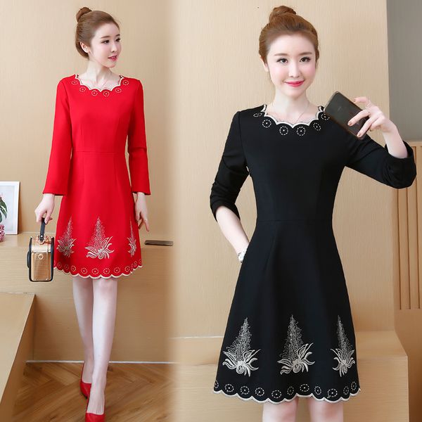 

3-xl-5xl dress of women plus size red embroidered black embroidery dressed in long sleeves casual blouses n952, Black;gray