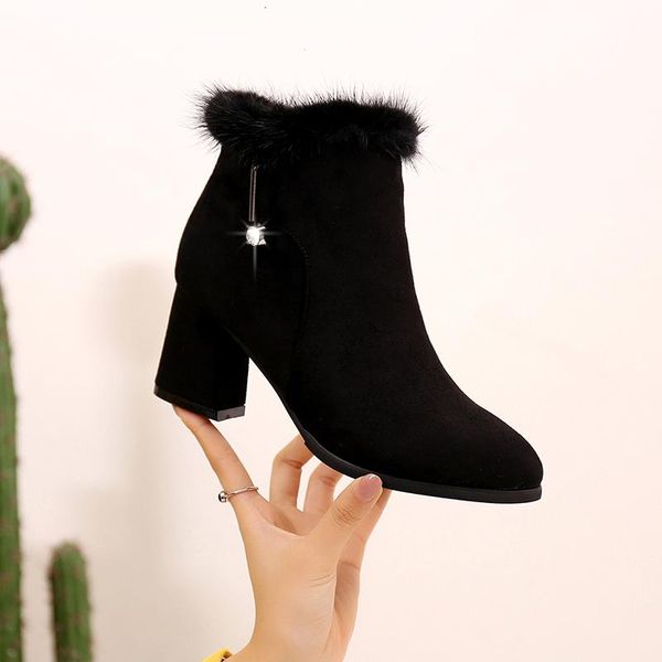 

6.5 cm chunky heel women suede boots warm plush winter black pointed toe ankle boots thick heel women high short booties