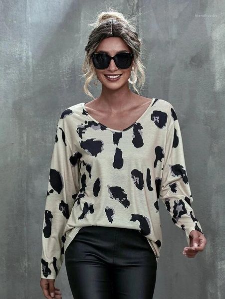 

t shirt v neck long sleeve spring autumn tees ladies casual clothes women leopard loose, White