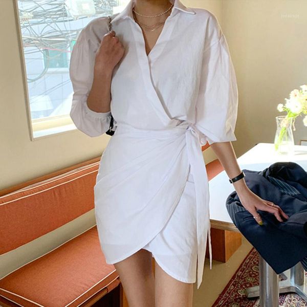 

casual dresses asymmetric cross female lapel collar lantern sleeve tunic lace up bowkont mini women's dress 2021 summer p5021, Black;gray