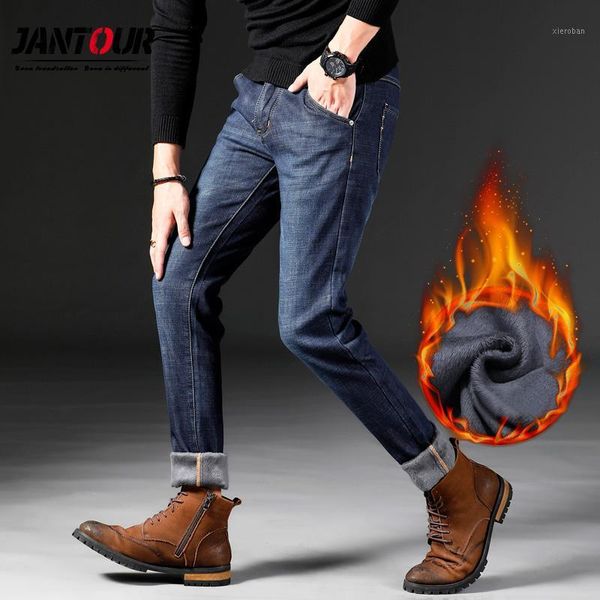 

jantour brand 2019 new men more thicken warm jeans autumn winter jeans warm flocking skinny soft men fashion fit for1, Blue