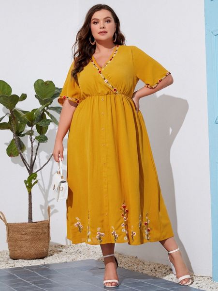 

plus surplice neck embroidery floral dress r9pe#, Black