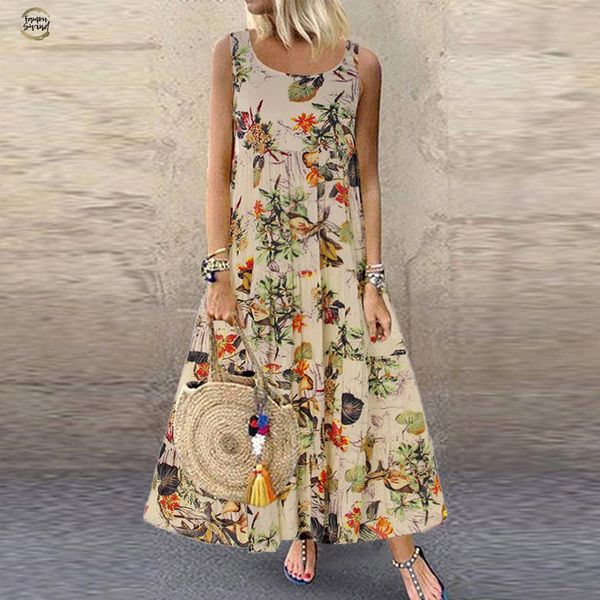 

dresses women plus size summer 2019 boho o-neck floral print long robe female vintage sleeveless long dress vestido, Black;gray