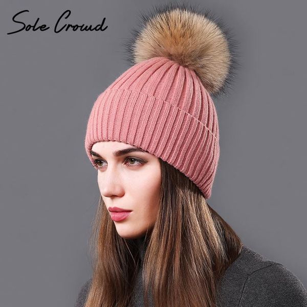 

beanie/skull caps [sole crowd] real natural raccoon fur pom poms hats for women autumn winter warm knitted girls beanies fashion female hat, Blue;gray