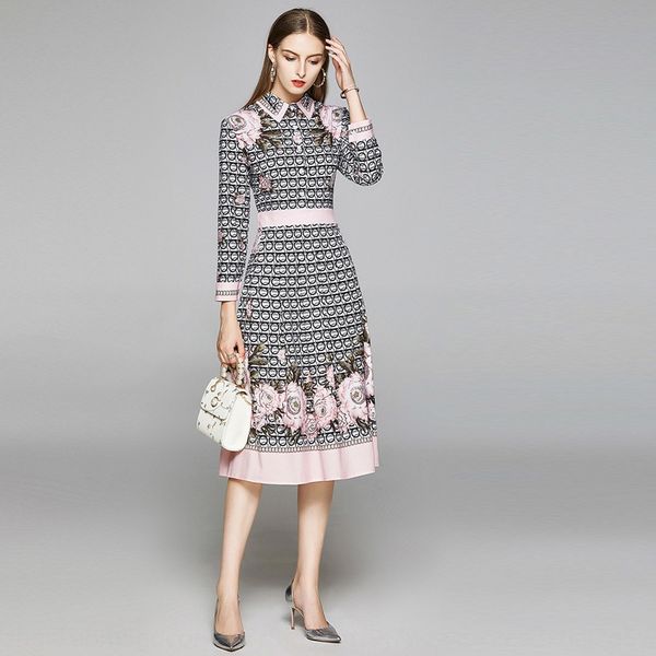 

dress 2020 early autumn new dress skirt long skirtproduct lapel long sleeve mid waist elegant temperament print medium length skirt woman e6, Black;gray