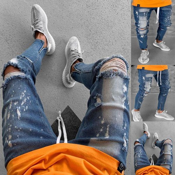 

europe and america 2019 new style gentleman trousers skinny with holes zipper foot mouth no bombs fashion cowboy men's trousers1, Blue