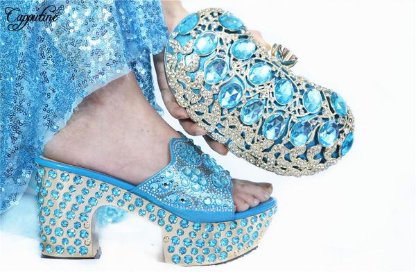 

sky blue party shoes with handbag high heel african shoes and purse bag set with crystal stones a1-1, heel height 9cm, Black