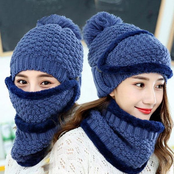

beanie/skull caps hat winter women's mask for girls scarf thick warm fleece inside knitted set 3pcs riding fashion hats, Blue;gray