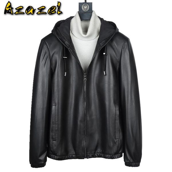 

men's leather & faux azazel genuine jacket men hooded real sheepskin coat spring plus size jackets veste cuir homme a18008 kj2112, Black