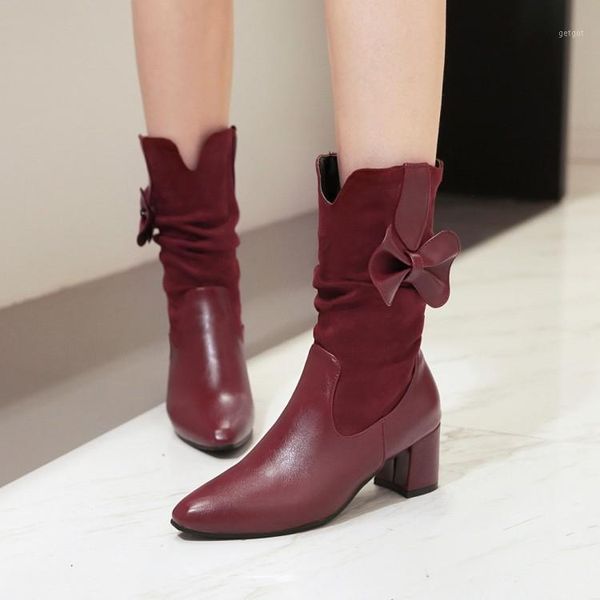 

big size ma'am coarse heel short boots pure color bowknot high heel boots1, Black