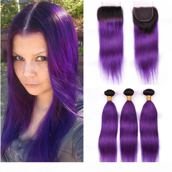 

ombre фиолетовый straight человеческих волос шнурка закрытие кусок 4x4 с переплетений dark roots # 1b фиолетовый ombre бразильского 3bundles, Black;brown