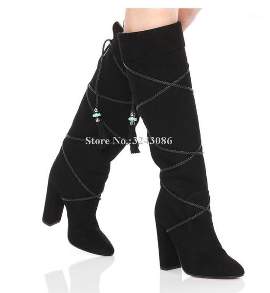 

cross ropes tassels knee high boots woman fashion designer chunky heel fringe long boots brown black large size shoes1
