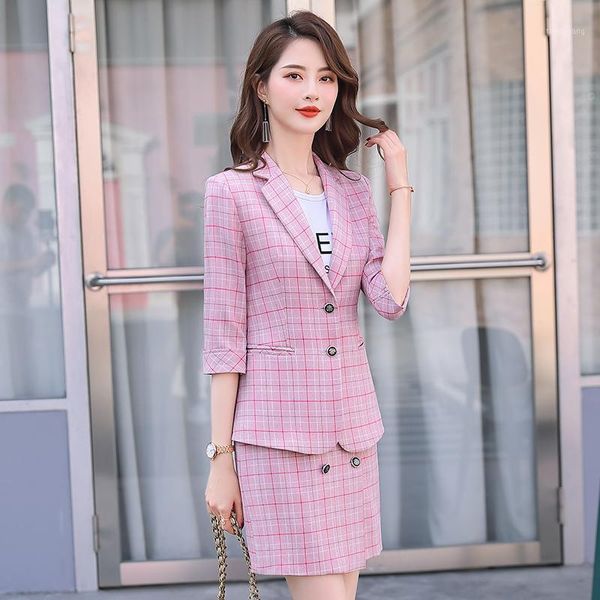 

2020 plaid blazer set single-breasted jacket slim mini skirt 2 pieces skirt suit female office ladies blazer suit plus size 4xl1, White