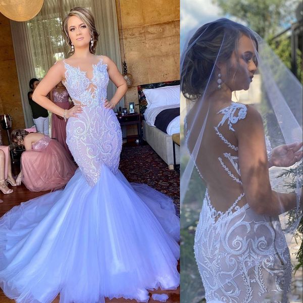 

arabic aso ebi mermaid wedding dresses lace beaded illusion neck bridal dresses sheer back plus size bridal gowns vestidos de noiva, White