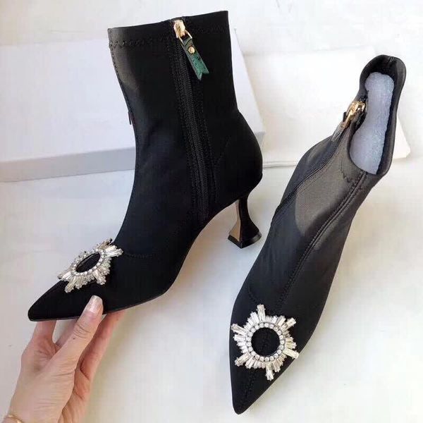 

sun flower rhinestone women ankle boots fashion high heels pumps boots runway slip on winter combat party dress shoes 40, Black