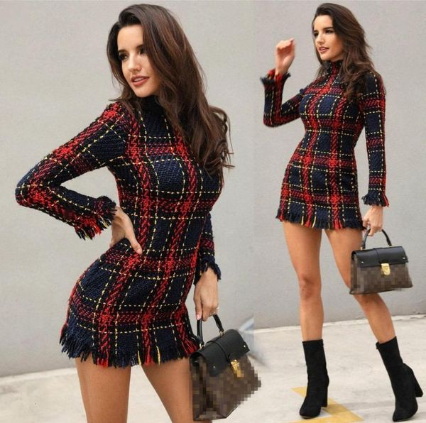 

2021 autumn winter women elegant vintage casual long sleeve sheath dress female colorful plaid print tassels bodycon full mini dress, Black;gray