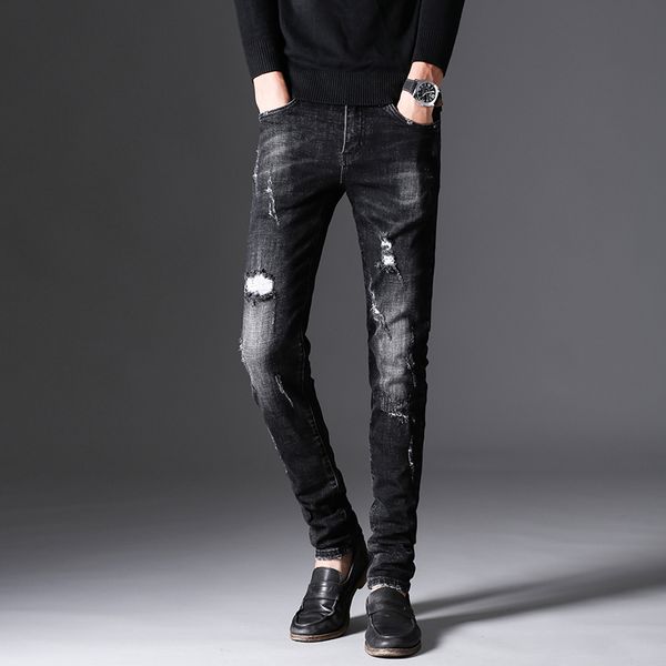 

pencil men's simple style hole ripped solid color denim trousers men slim fit high elasticity soft jeans homme size 28 36, Blue