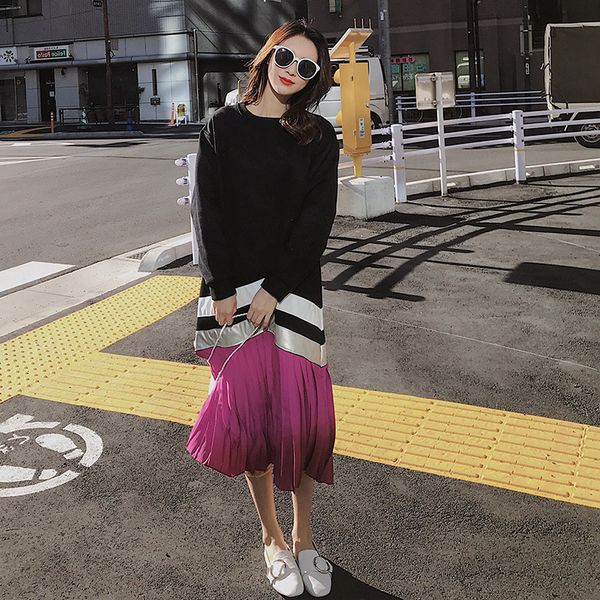 

2021 new female start of spring new korean autumn loose around the long neck sew contrast sweet fashion dress 12x wbzg, Black;gray
