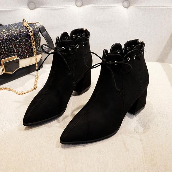 

lacing women boots autumn winter pointed toe zipper short tube boots fashion suede thick short women chaussures femme, Black